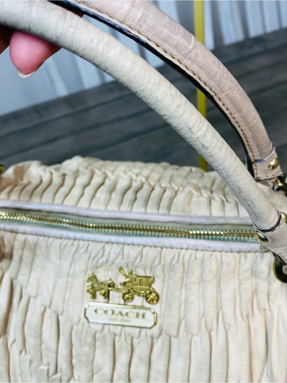 Coach Madison Gathered Leather Satchel Bag Off-White Cream Gold Hardware